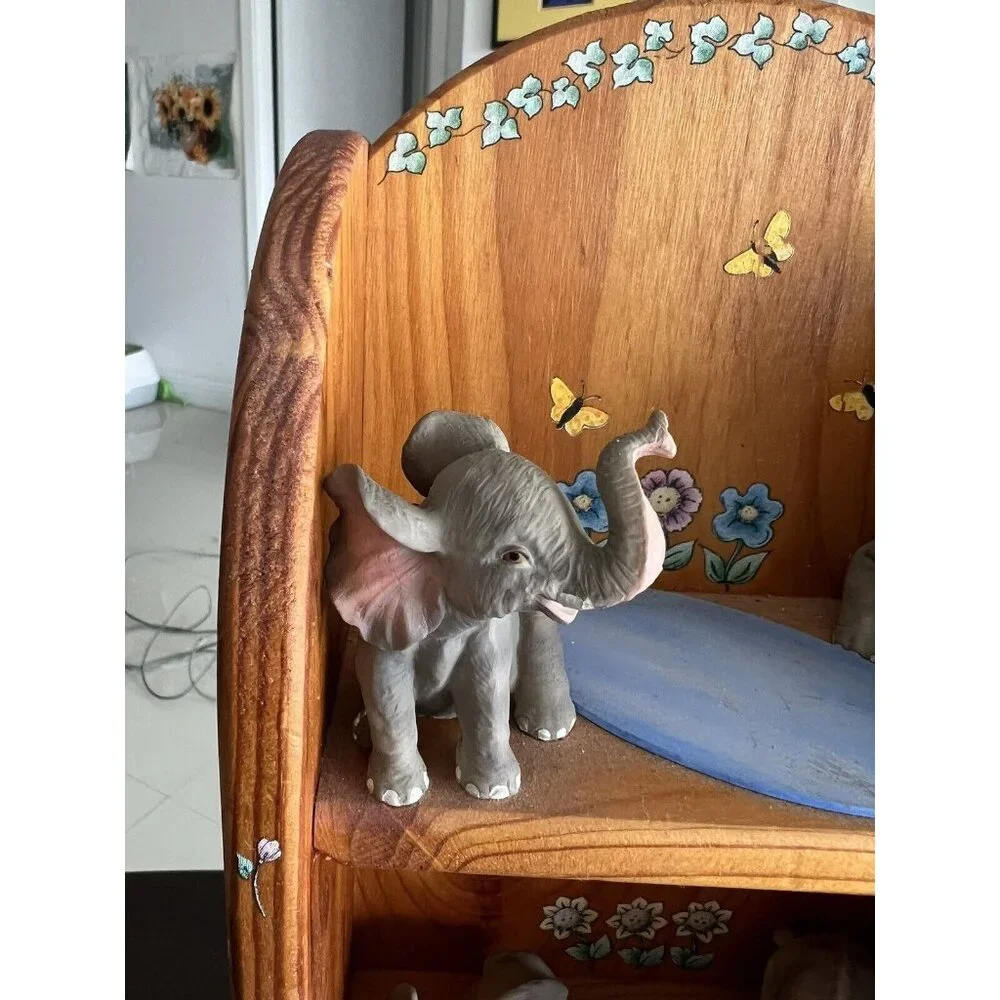Vintage Elephant Handmade Painted Flowers Wood Shelf Three Tiers 18.5” Tall Fig